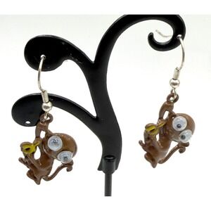 Vintage Style Monkey Dangle Enamel Earrings Brown Novelty Kids Fun Jewelry